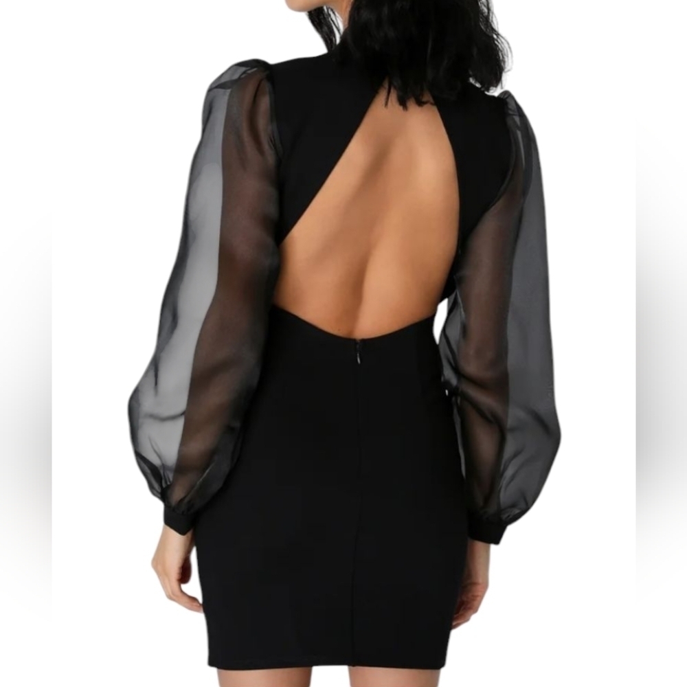 LULUS Seeking Sophistication Black Backless Balloon Sleeve Mini Dress NWT